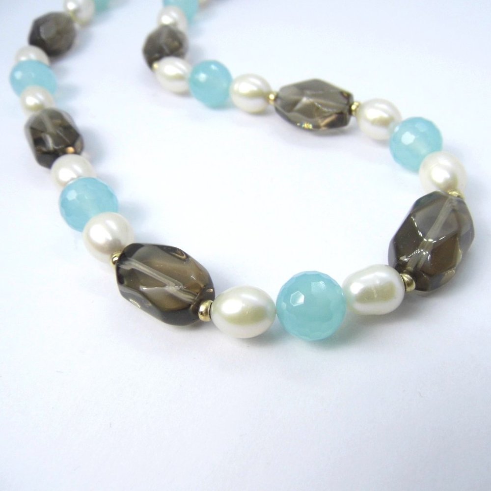 14KY Chalcedony Pearl Smoky Quartz Gold NECKLACE